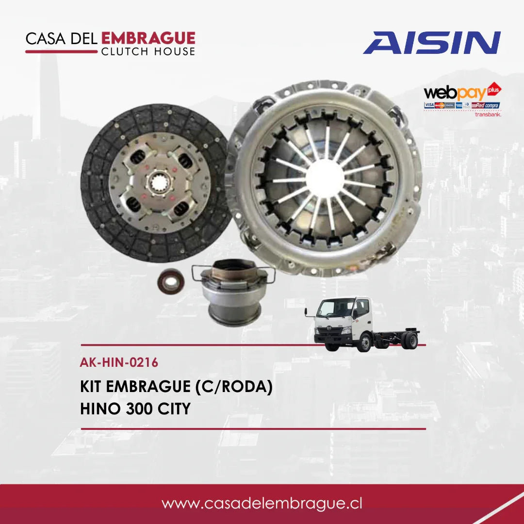 Kit embrague Hino 300 City AISIN, Casa del Embrague, repuesto automotriz con piezas y camión.