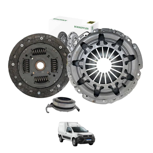 Kit de embrague automotriz Schaeffler para Fiat Fiorino, piezas y caja sobre fondo blanco