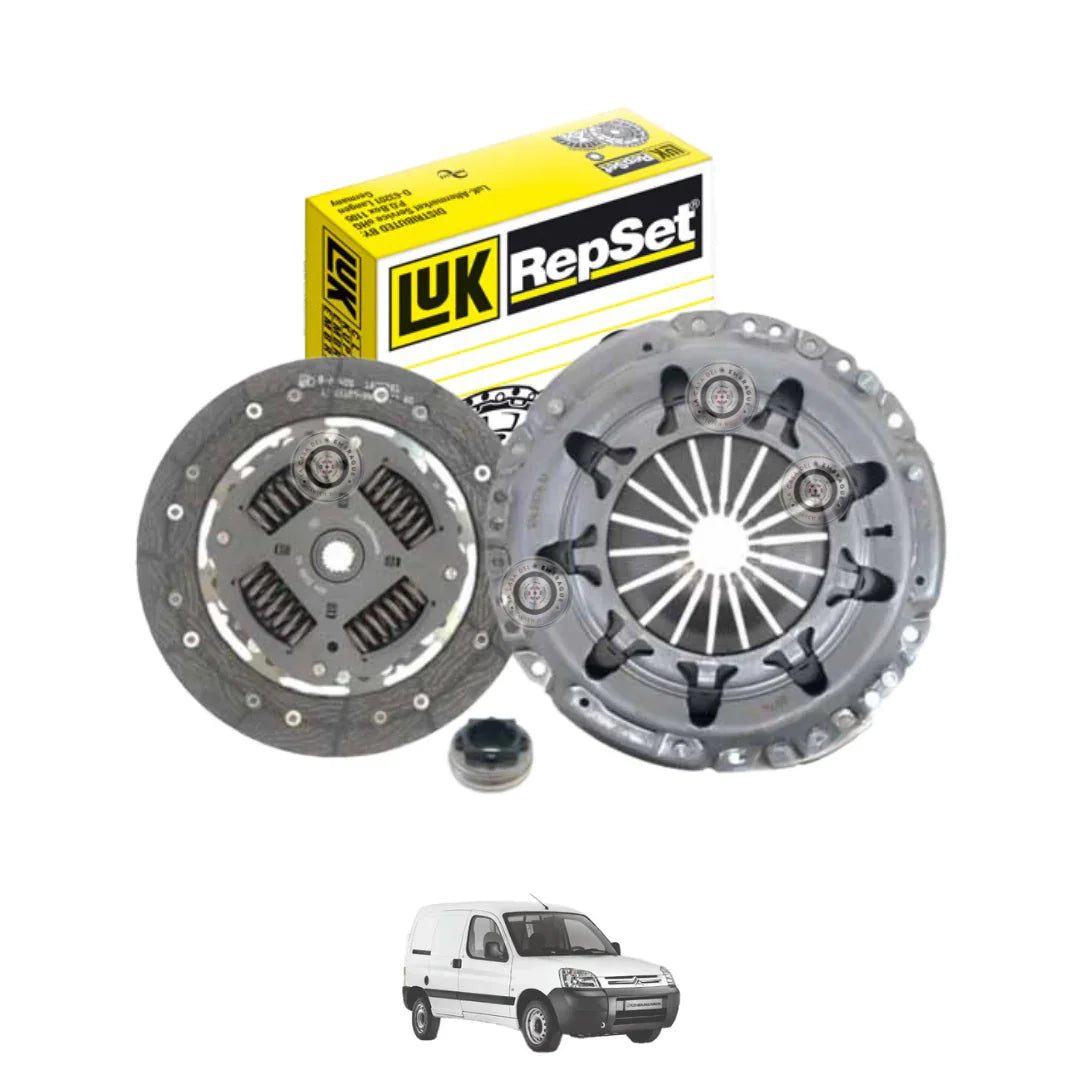Kit de embrague LUK para Peugeot Partner, con caja amarilla y camioneta blanca