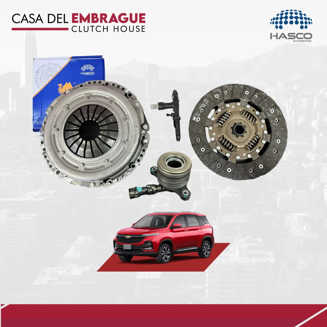 Kit de embrague automotriz, repuestos y auto SUV rojo, Casa del Embrague
